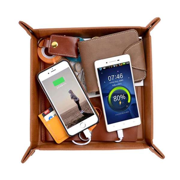 Household faux PU leather small accessories collection valet tray with wireless charger mobile phone charging tray